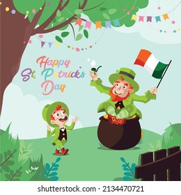 Happy St. Patrick's Day. Cute Cartoon Leprechaun and Child with Gold Pot and Flag Flat Illustration