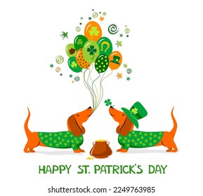 Happy St. Patrick's Day! Cute dachshund dogs in St. Patrick's Day costume. Pot of gold filled with coins. Irish holiday folklore themed. Greeting Card. Vector Illustrations on white background.