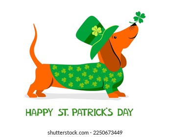 Happy St. Patrick's Day! Cute dachshund dogs in St. Patrick's Day costume. Greeting Card. Horizontal card format for web banner or header. Vector Illustrations on white background.