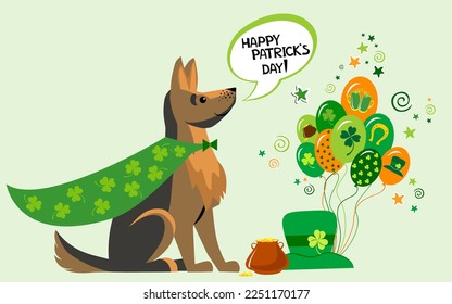 Happy St. Patrick's Day! Cute shepherd dog in St. Patrick's Day costume. Greeting Card. Horizontal card format for web banner or header. Irish symbols of the holiday. 17 march. Vector Illustrations 