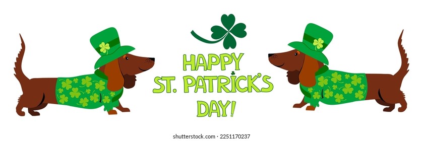 Happy St. Patrick's Day! Cute dachshund dogs in St. Patrick's Day costume. Greeting Card. Horizontal card format for web banner or header. Irish symbols of the holiday.17 march.  Illustrations 