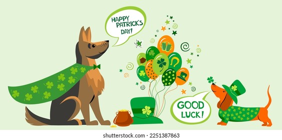 Happy St. Patrick's Day! Cute dachshund dog and shepherd dog in St. Patrick's Day costume. Greeting Card. Horizontal card format for web banner or header. Irish symbols of the holiday. Vector