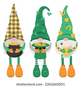 Happy St Patricks Day cute gnomes or leprechauns. Isolated on white background. Flat vector illustration.