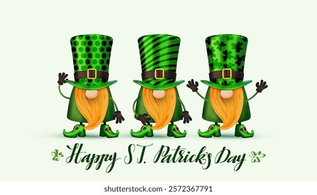 Happy St. Patrick's Day with cute gnomes poster. St. Patrick's Day Irish gnomes with clover for good luck. Set cute gnomes. 3d Vector design for banner, flyer, greeting, green card. Ireland Feast day.