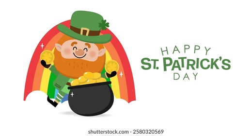 Happy St Patrick's day with cute Leprechaun in green costume with clover leaves for good luck and gold coin in the pot. -vector