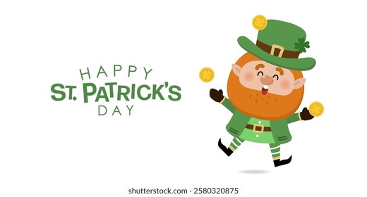 Happy St Patrick's day with cute Leprechaun in green costume with clover leaves for good luck and gold coin. -vector