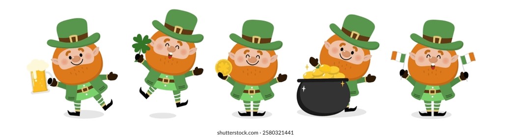 Happy St Patrick's day with cute Leprechaun in green costume with clover leaves for good luck , beer, Irish flag and gold coin. -vector