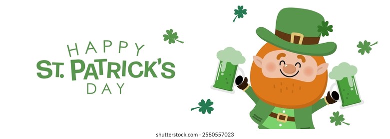 Happy St Patrick's day with cute Leprechaun in green costume with clover leaves for good luck and gold coin in the pot. -vector