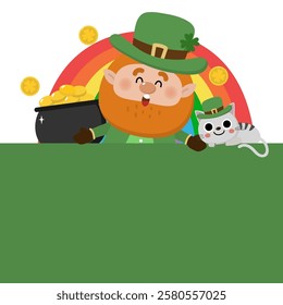 Happy St Patrick's day with cute Leprechaun in green costume with clover leaves for good luck and gold coin in the pot. -vector