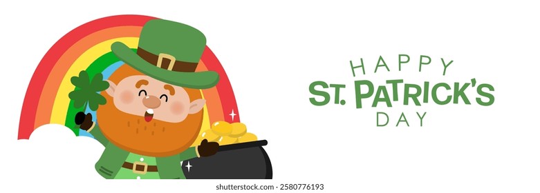 Happy St Patrick's day with cute Leprechaun in green costume with clover leaves for good luck and gold coin in the pot. -vector