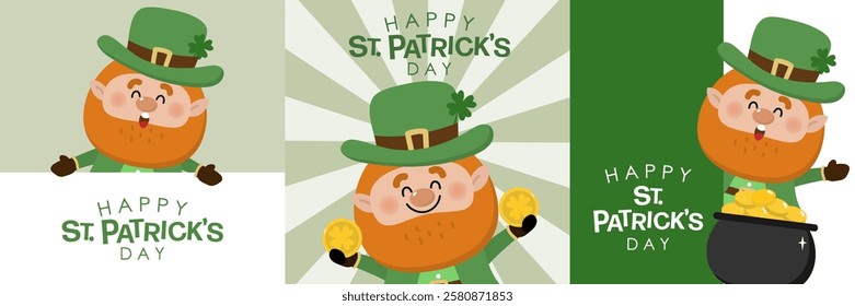 Happy St Patrick's day with cute Leprechaun in green costume with clover leaves for good luck and gold coin in the pot. -vector