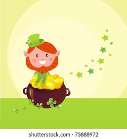 Happy St. Patrick's Day! Cute little Leprechaun on Cauldron of Gold. Vector Illustration.