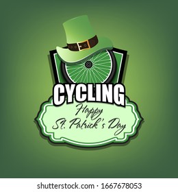 Happy St. Patricks day. Cycling logo template design. Bicycle wheel with St. Patrick hat. Pattern for banner, poster, greeting card, party invitation. Vector illustration
