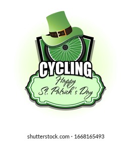Happy St. Patricks day. Cycling logo template design. Bicycle wheel with St. Patrick hat. Pattern for banner, poster, greeting card, party invitation. Vector illustration