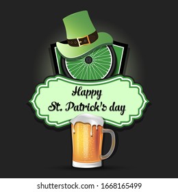 Happy St. Patricks day. Cycling logo template design. Bicycle wheel with St. Patrick hat and mug of beer. Pattern for banner, poster, greeting card, party invitation. Vector illustration