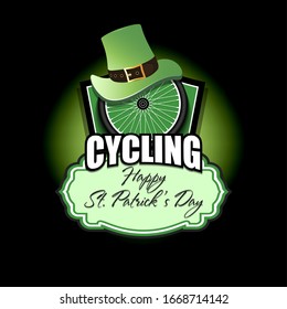 Happy St. Patricks day. Cycling logo template design. Bicycle wheel with St. Patrick hat. Pattern for banner, poster, greeting card, party invitation. Vector illustration