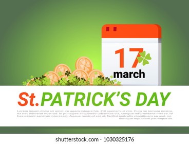 Happy St. Patricks Day Decoration Template Green Background Golden Coins And Calendar Page Flat Vector Illustration