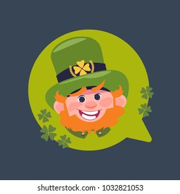 Happy St. Patricks Day Decoration Label With Cute Leprechaun In Green Hat Flat Vector Illustration