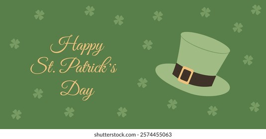 Happy St Patricks Day decorative art combining a leprechaun hat, golden lettering, shamrocks for holiday greeting cards, banners, social media posts, ads, Irish party invitations, wallpapers