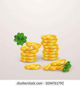 Happy St. Patrick's day. St patricks day design with four leaved clover, stack of gold coins isolated on gray background. Ireland symbol pattern. Design for banner, card, poster, invitation, postcard.