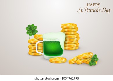 Happy St. Patrick's day. St patricks day design with four leaved clover, stack of gold coins, green beer isolated on gray background. Ireland symbol pattern. Design for banner, card, poster.