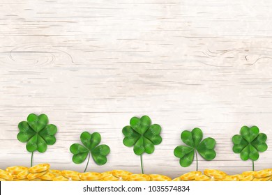 Happy St. Patrick's day. St patricks day design with shamrock clover leaf, Irish festival symbol, gold coins on wooden background. Design for banner, card, poster, invitation, postcard