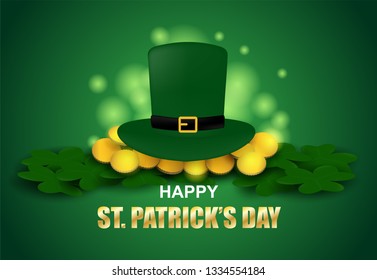 Happy St. Patrick's Day .Design with shamrock ,gold coin and hat on green background .Vector.
