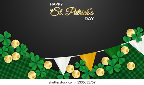 Happy St. Patrick's Day . Design with shamrock ,gold coin and green scottish pattern fabric on black background.Vector.
