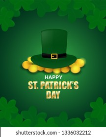 Happy St. Patrick's Day .Design with shamrock ,gold coin and hat on green background .Vector.
