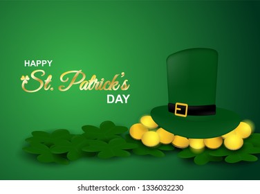 Happy St. Patrick's Day .Design with shamrock ,gold coin and hat on green background .Vector.
