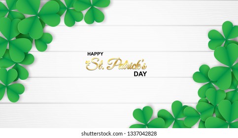 Happy St. Patrick's Day . Design with shamrock on white wood background. paper art style . Vector.