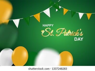 Happy St. Patrick's Day . Design with green, orange ,  white balloons on green background. Vector.