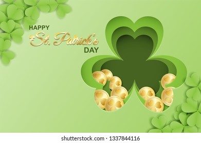 Happy St. Patrick's Day . Design with shamrock ,gold coin on green background. paper art style. Vector.