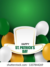 Happy St. Patrick's Day . Design with green, orange ,  white balloons on green background. Vector.