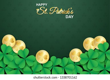 Happy St. Patrick's Day . Design with shamrock ,gold coin on green background.   Vector.