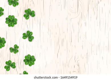 Happy St. Patrick's day. St patricks day design with shamrock clover leaf, Irish festival symbol on wooden background. Space for your text. Design for banner, card, poster, invitation, postcard. 