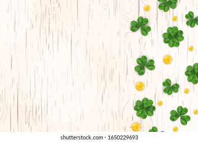 Happy St. Patrick's day. St patricks day design with gold coins, shamrock clover leaf on wooden background. Space for your text. Design for banner, card, poster, invitation, postcard. vector.