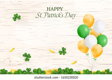 Happy St. Patrick's day. St patricks day design with gold coins, shamrock clover leaf on wooden background. Space for your text. Design for banner, card, poster, invitation, postcard. vector.
