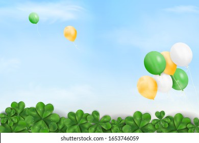 Happy St. Patrick's day. St patricks day design with Blue sky and clouds, helium balloons in the air, shamrock clover leaf on spring nature background. Design for banner, card, poster, invitation.