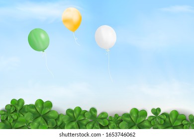 Happy St. Patrick's day. St patricks day design with Blue sky and clouds, helium balloons in the air, shamrock clover leaf on spring nature background. Design for banner, card, poster, invitation.