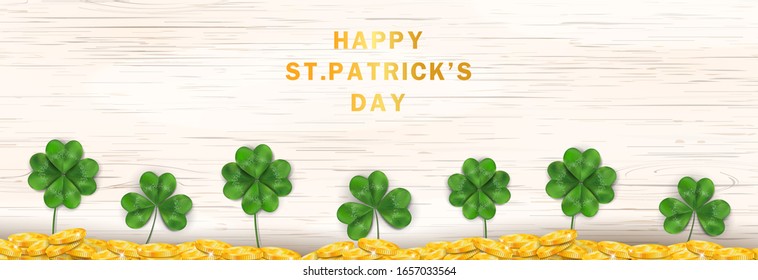 Happy St. Patrick's day. St patricks day design with shamrock clover leaf, Irish festival symbol, gold coins on wooden background. Design for banner, card, poster, invitation, postcard.