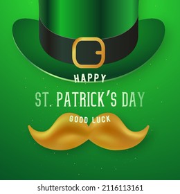 Happy St. Patrick's Day design with retro hat and moustache. Vector template for greeting card, flyers or posters. Traditional ireland green bowler hat.