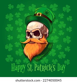 Happy St. Patricks Day. Patrick's Day design with a leprechaun skull and a congratulatory inscription. Skull wears a leprechaun hat with clover. Vector illustration