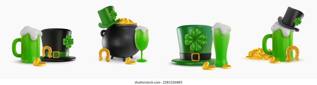 Happy St Patrick's day design elements. Leprechaun hat, green beer, gold coin, clover, pot with money. Set art composition in 3d realistic style. Bright festive concept. Vector illustration. 