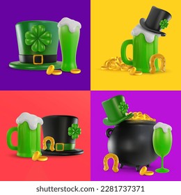 Happy St Patrick's day design elements. Leprechaun hat, green beer, gold coin, clover, pot with money. Set art composition in 3d realistic style. Bright festive concept. Vector illustration. 