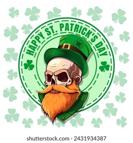 Feliz Día de San Patricio. Patricks Day diseño con un cráneo de duende y una inscripción de felicitación. Calavera lleva un sombrero de duende con trébol. Ilustración de vector