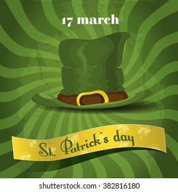 Happy St. Patrick's Day design element. Green background with hat and ribbon 
