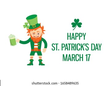 Feliz Día de San Patricio con el vector leprechaun borracho. Leprechaun con vector de cerveza. Caricatura divertida de leprechaun. Icono Patrick vector. Afiche del Día de los Patrocinadores, 17 de marzo. Día importante