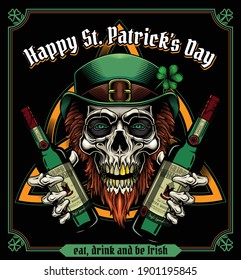 "Happy St. Patrick's Day. Eat, drink and be Irish". - greeting card design.  Vector illustration of bearded leprechaun skull with bottles of whiskey in his hands in engraving technique. 