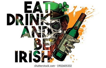 "Happy St. Patrick's Day. Eat, drink and be Irish". - greeting card design.  Vector illustration of bearded leprechaun skull with bottles of whiskey in his hands in engraving technique. 